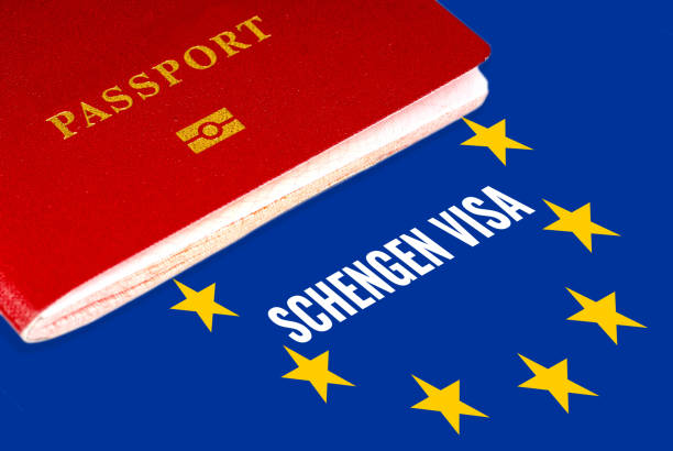 schengen visa, white text over eu flag and passport
